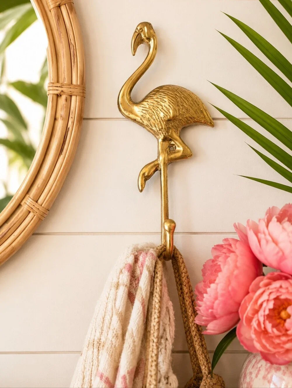 Vintage Style Brass Tone Flamingo Wall Hook Palm Beach Coastal Entryway Bath